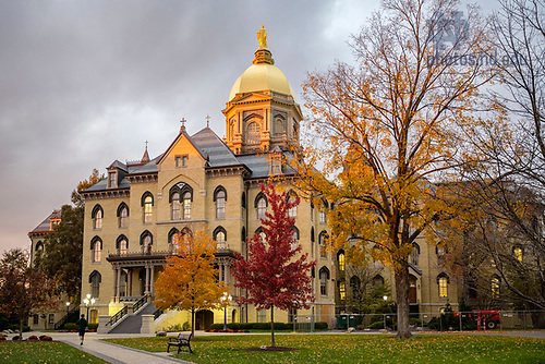 BJ 11.8.23 Main Building Autumn 9273.JPG by Barbara Johnston/University of Notre Dame November 8, 2023; The Golden Dome and Statue of Mary atop the Main Building glow at sunset, autumn 2023. (Photo by Barbara Johnston/University of Notre Dame)