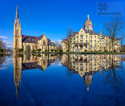 MC 2.9.23 Puddle Reflection.jpg by Matt Cashore/University of Notre Dame February 9, 2023; Relfection of Main Quad in a puddle following a heavy rain (Photo by Matt Cashore/University of Notre Dame)