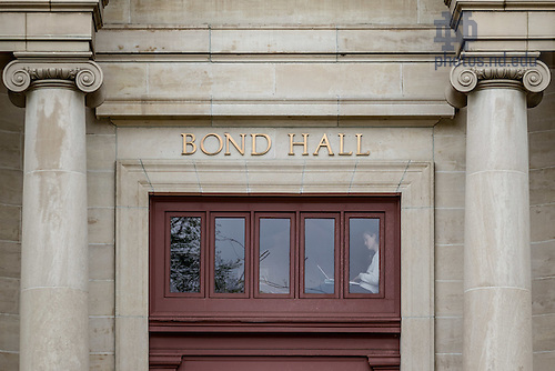 5.1.16 Bond Hall Study.JPG by Matt Cashore/University of Notre Dame May 1, 2016; A student works on a landing overlooking the entrance to Bond Hall. (Photo by Matt Cashore/University of Notre Dame)