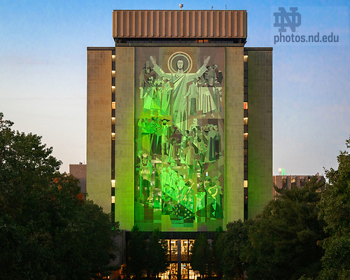 MC 10.3.22 Library Scenic.JPG by Matt Cashore/University of Notre Dame October 3, 2022; The Word of Life Mural, commonly known as Touchdown Jesus, lit green (Photo by Matt Cashore/University of Notre Dame)
