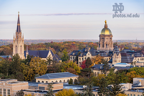 *BJ 11.7.17 Golden Dome 11768.JPG by Barbara Johnston/University of Notre Dame November 7, 2017; Campus at sunrise with the Golden Dome atop the Main Building and the Basilica of the Sacred Heart. (Photo by Barbara Johnston/University of Notre Dame)