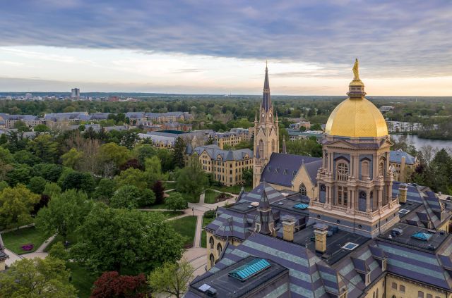 Aerial view of campus featuring the Main Building and Basilica of Sacred Heart