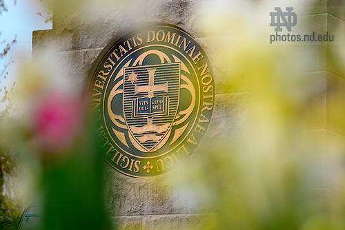 MC 4.8.21 ND Ave Entrance Spring Scenic.JPG by Matt Cashore/University of Notre Dame April 8, 2021; University seal on the south entrance to campus at the end of Notre Dame Avenue (Photo by Matt Cashore/University of Notre Dame)